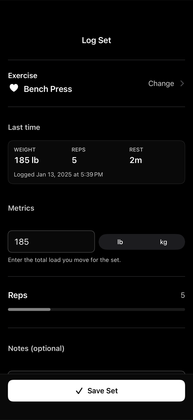 marble log-set screen with weight, reps, RPE, and rest