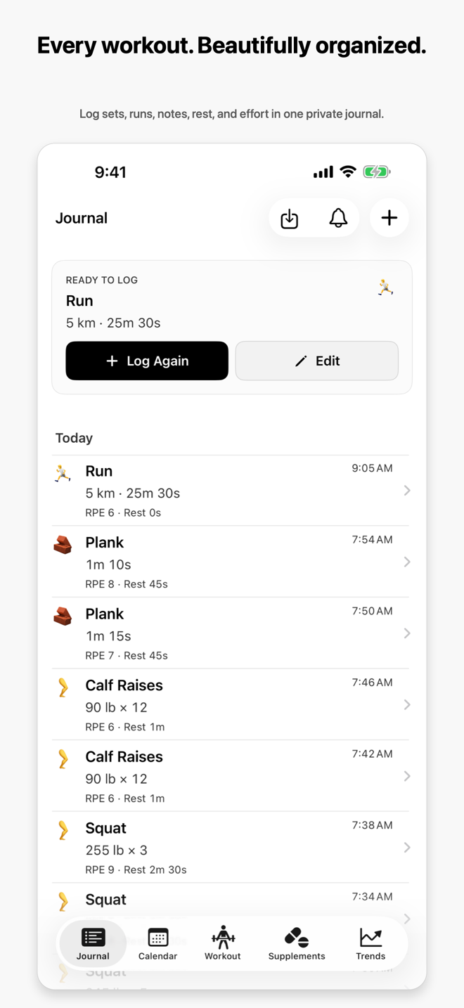 Marble workout journal showing sample runs, planks, calf raises, and squats with matching emoji icons
