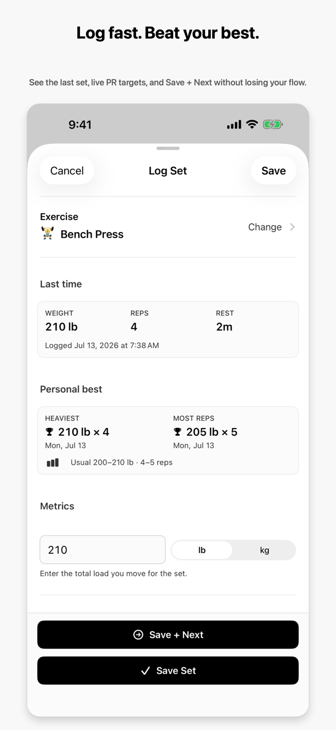 Marble set logger for bench press with a weightlifting emoji, last-set recall, personal bests, and Save plus Next
