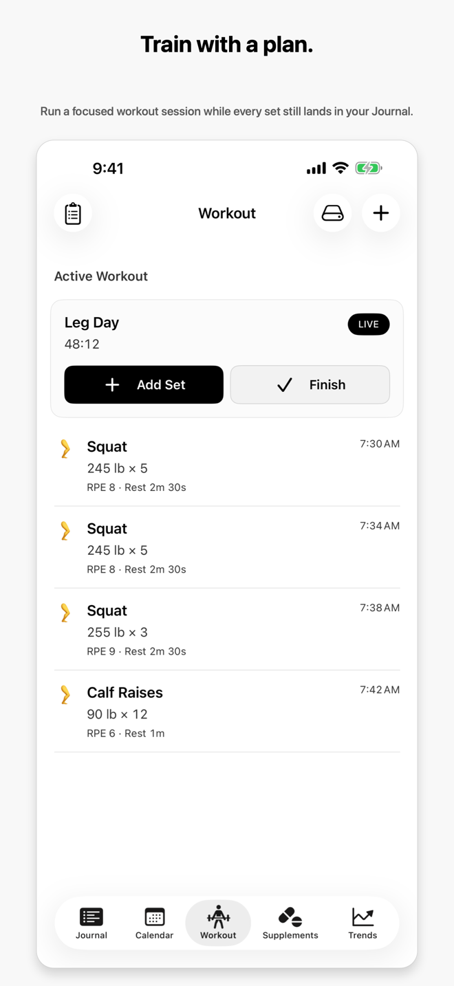 A live Leg Day workout in Marble with Squat and Calf Raises entries using matching exercise emojis