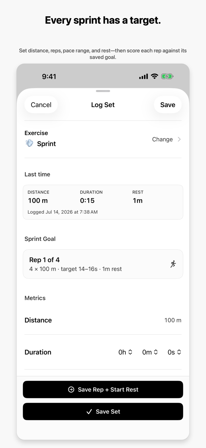 Marble sprint logging with a matching sprint emoji, four 100-meter repetitions, a pace range, and a rest goal