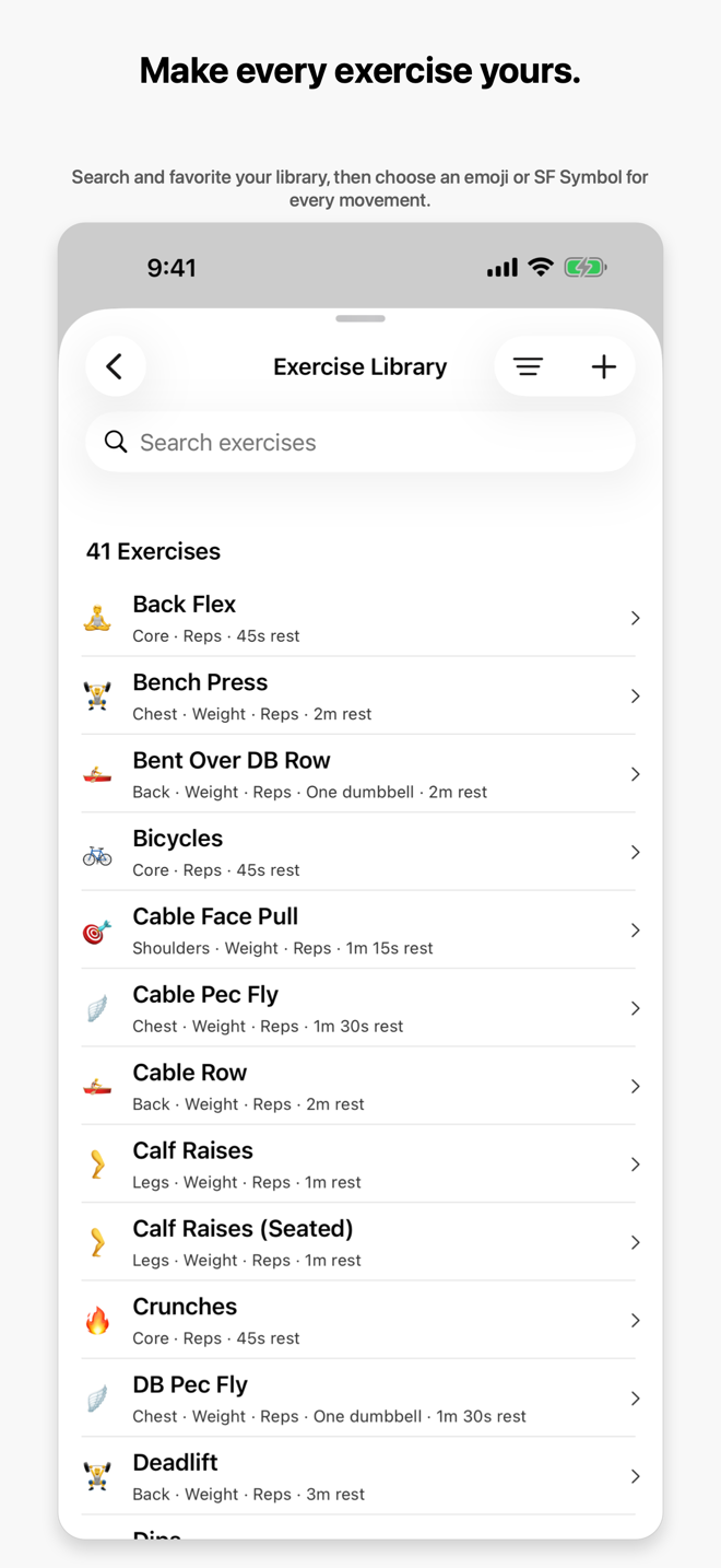 Marble Exercise Library showing exercise-matched emoji icons for Bench Press, rows, cycling, calf raises, crunches, deadlifts, and more