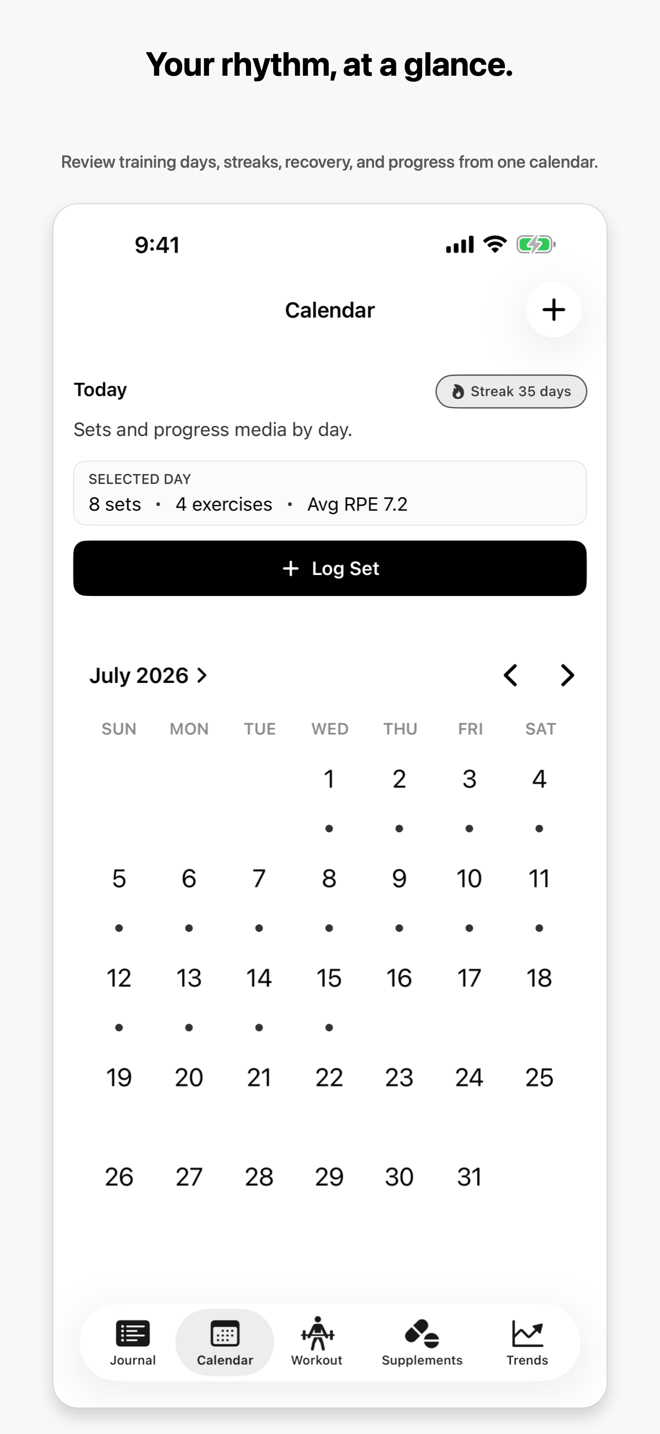 Marble training calendar showing workout days, streaks, recovery, and progress at a glance
