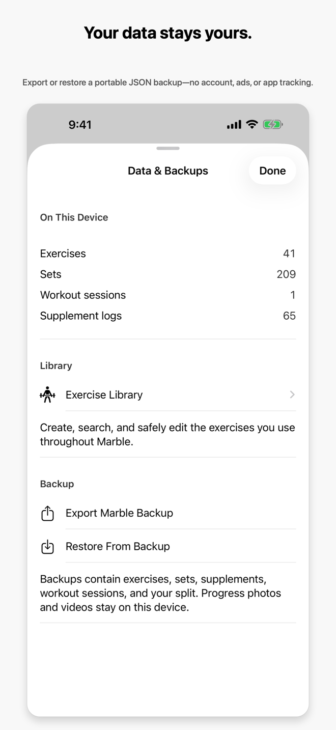 Marble Data and Backups showing on-device totals plus portable export and restore controls