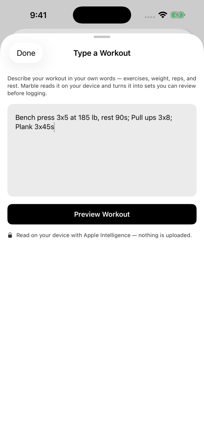 Marble Type a Workout sheet with a bench press, pull ups, and plank workout ready to preview on-device