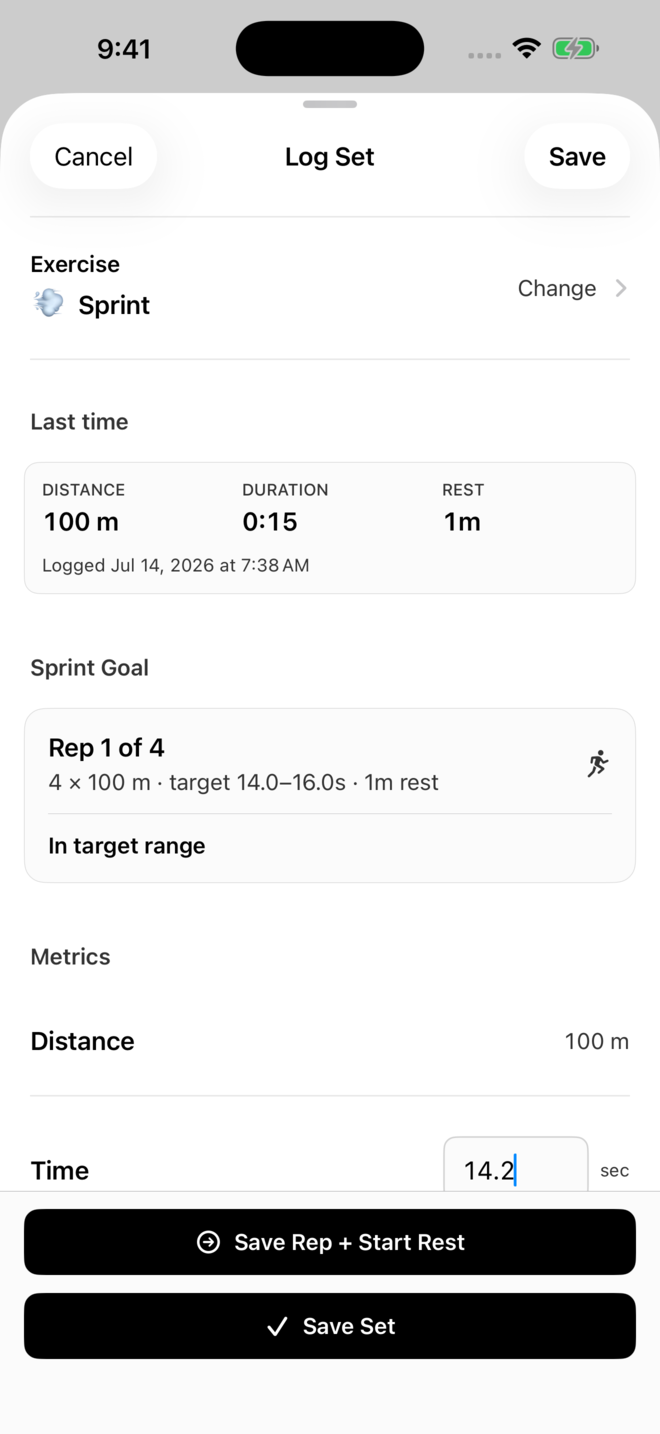 Marble Sprint Log Set sheet with a 14.2 second 100 meter rep inside its target range