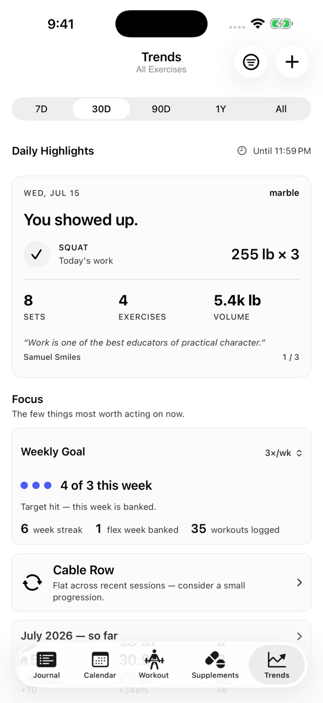 Marble Daily Highlights showing completed training, weekly goal progress, and a focus suggestion