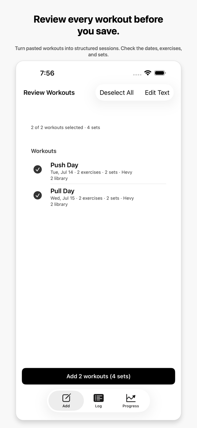 marble Review Workouts screen with two imported Hevy workouts awaiting review