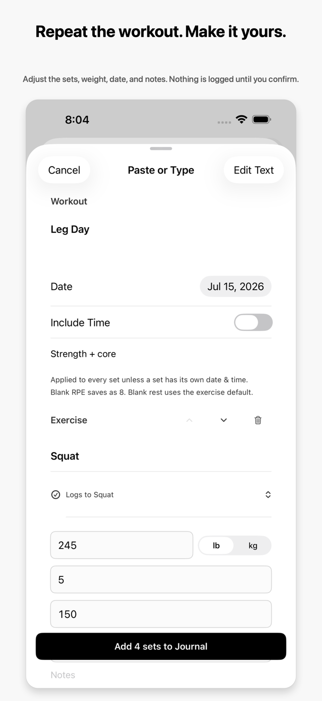 marble Paste or Type draft showing a typed workout as editable exercises and sets