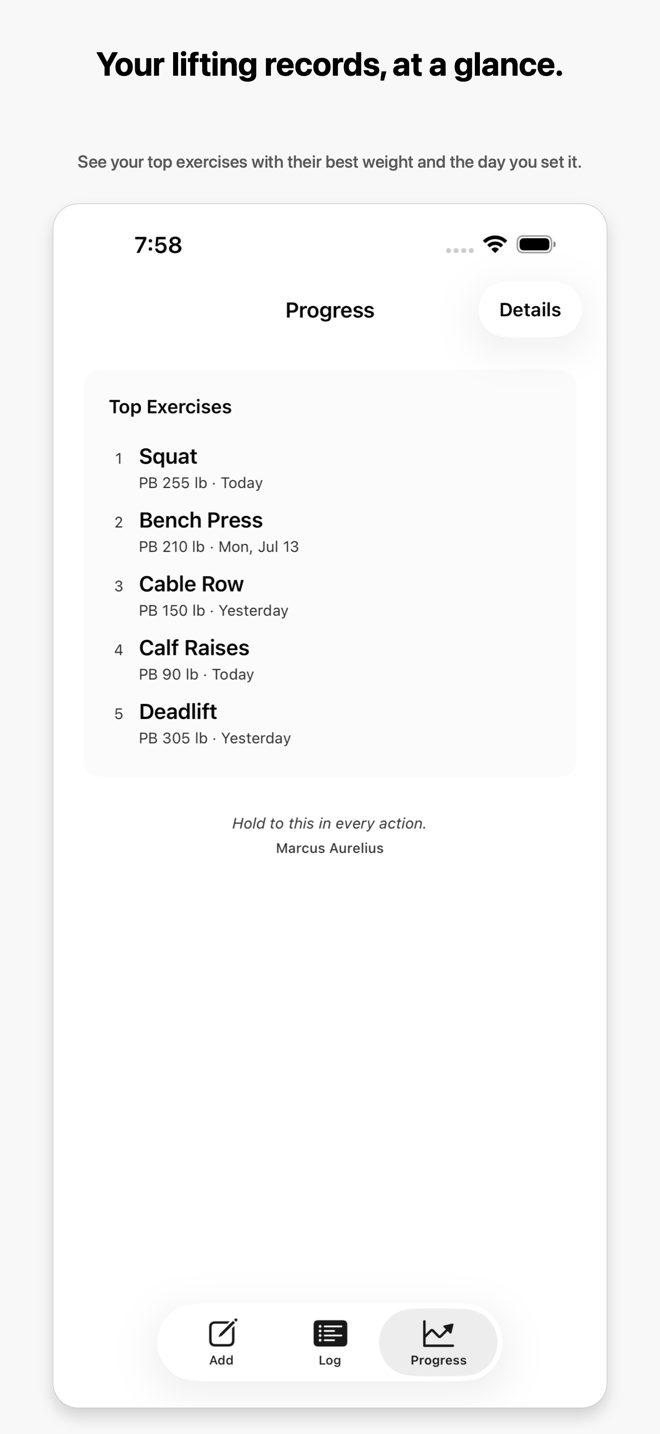 marble Progress overview listing top exercises with their personal-record weights and dates