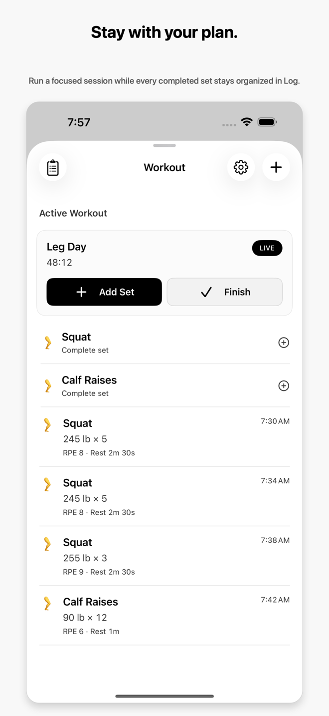 marble Active Workout screen for a live Leg Day session with Add Set and Finish controls