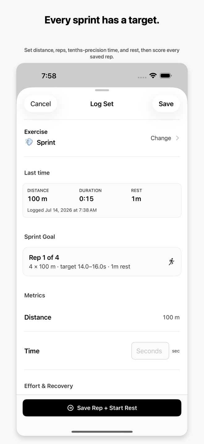marble sprint logging for rep 1 of 4 with a target of 14.0 to 16.0 seconds