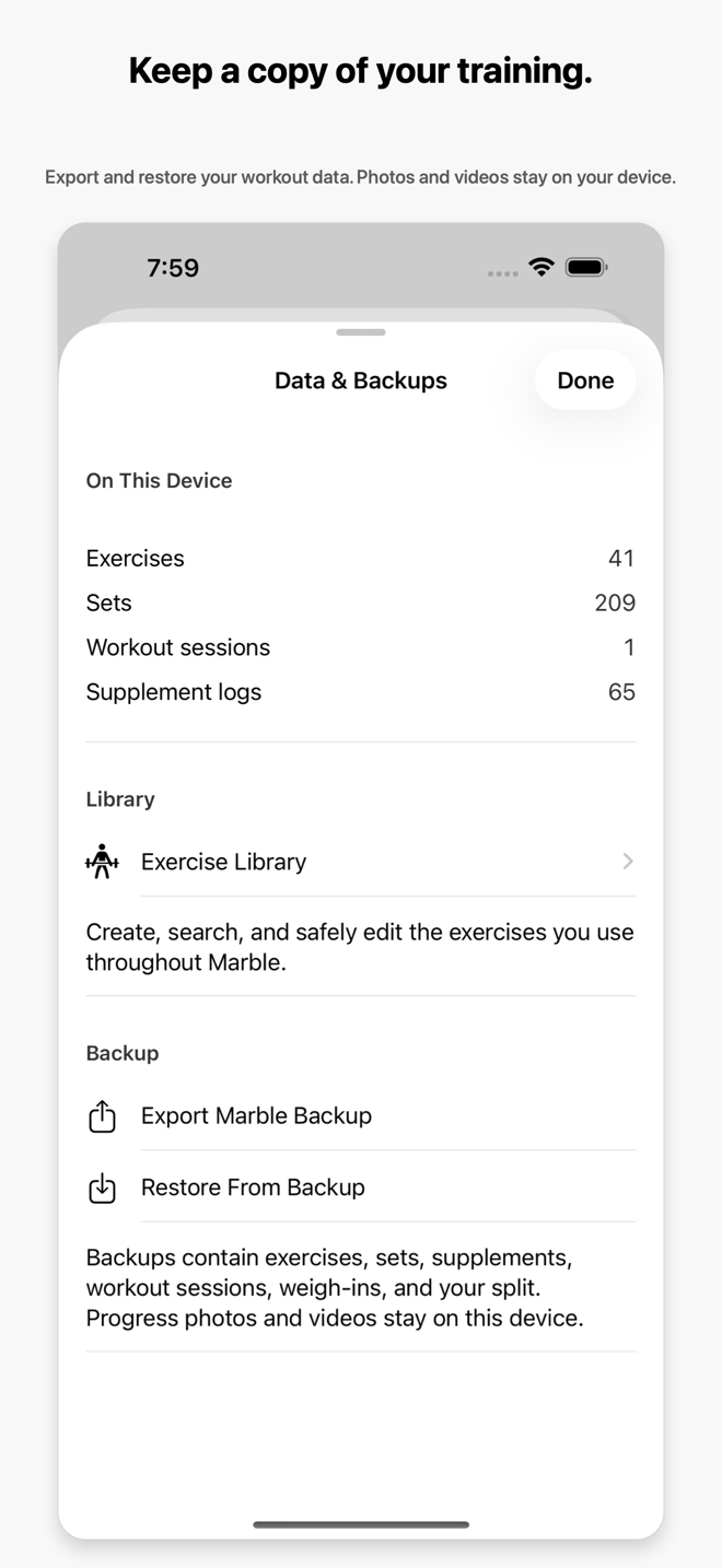 marble Data and Backups screen showing on-device totals with export and restore controls