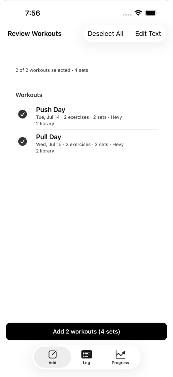 The Review Workouts screen with two workouts imported from Hevy, ready to check before saving.