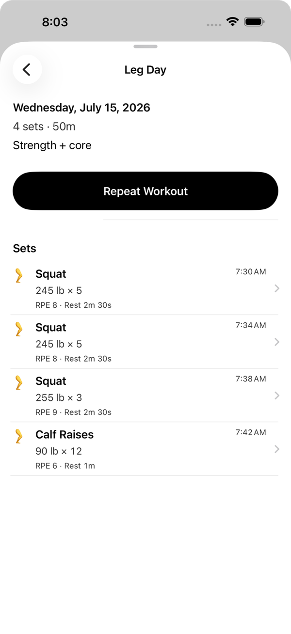 A Leg Day session from workout history with a Repeat Workout button.