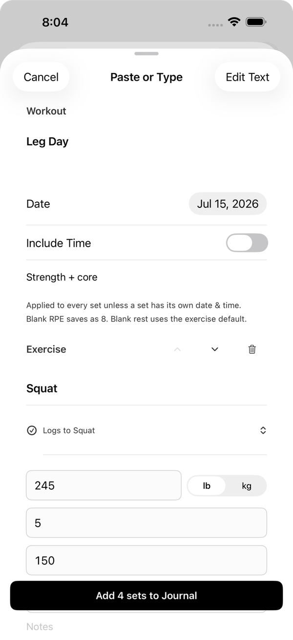 A repeated workout opened as an editable Paste or Type draft.