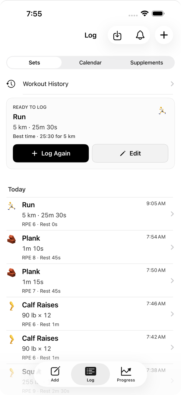 The Log tab with a Log Again card and today’s sets.