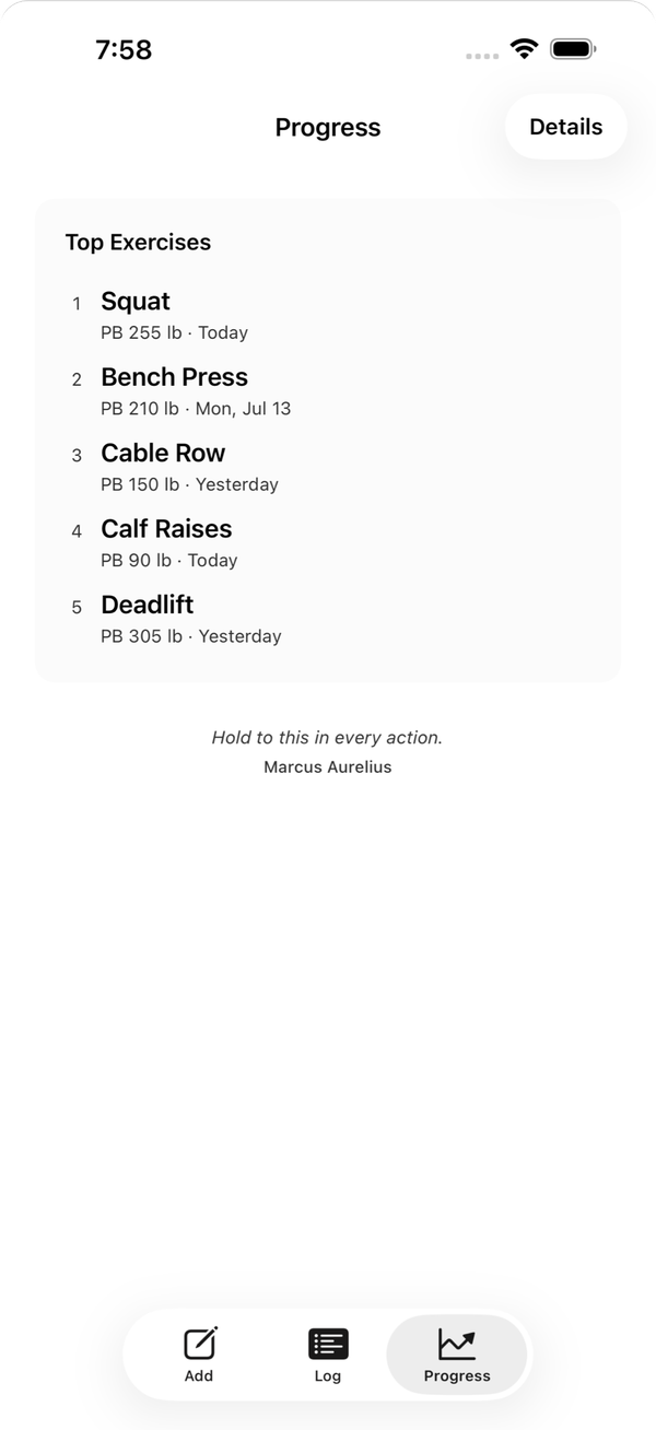 marble Progress overview listing top exercises with their personal-record weights and dates