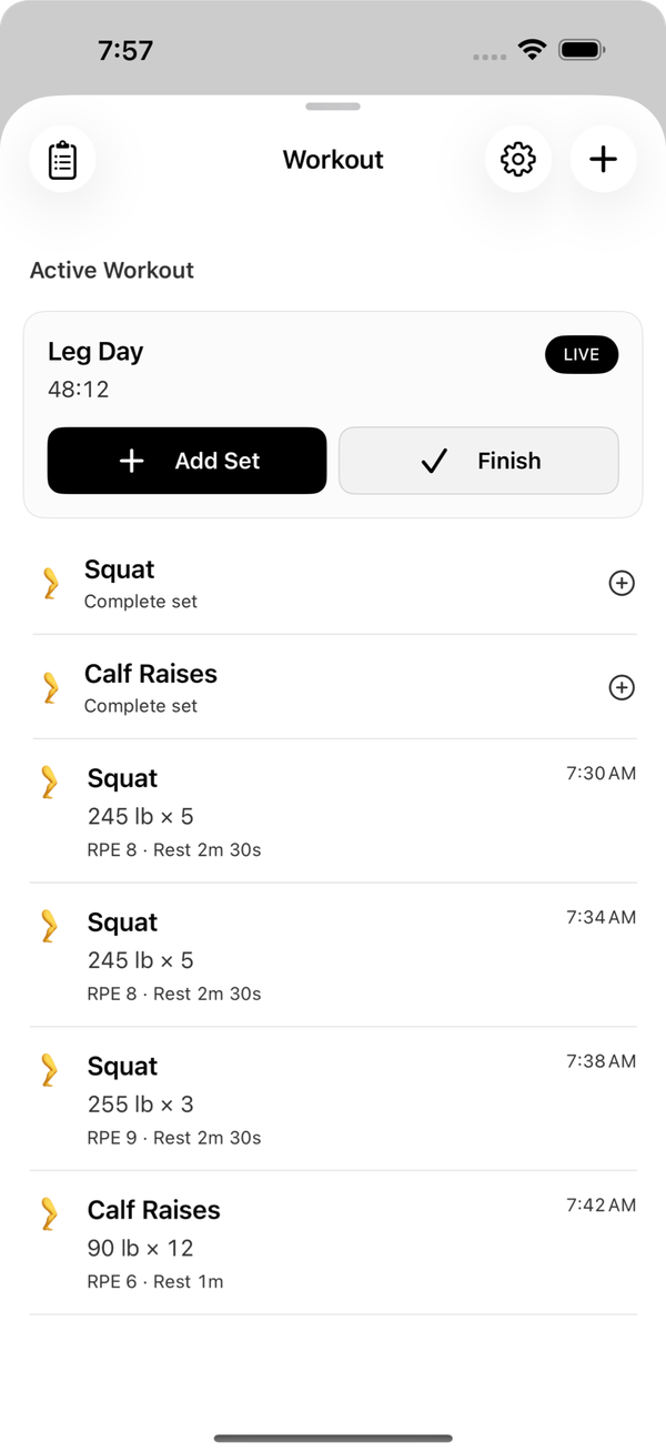 A live Leg Day workout with Add Set and Finish controls.