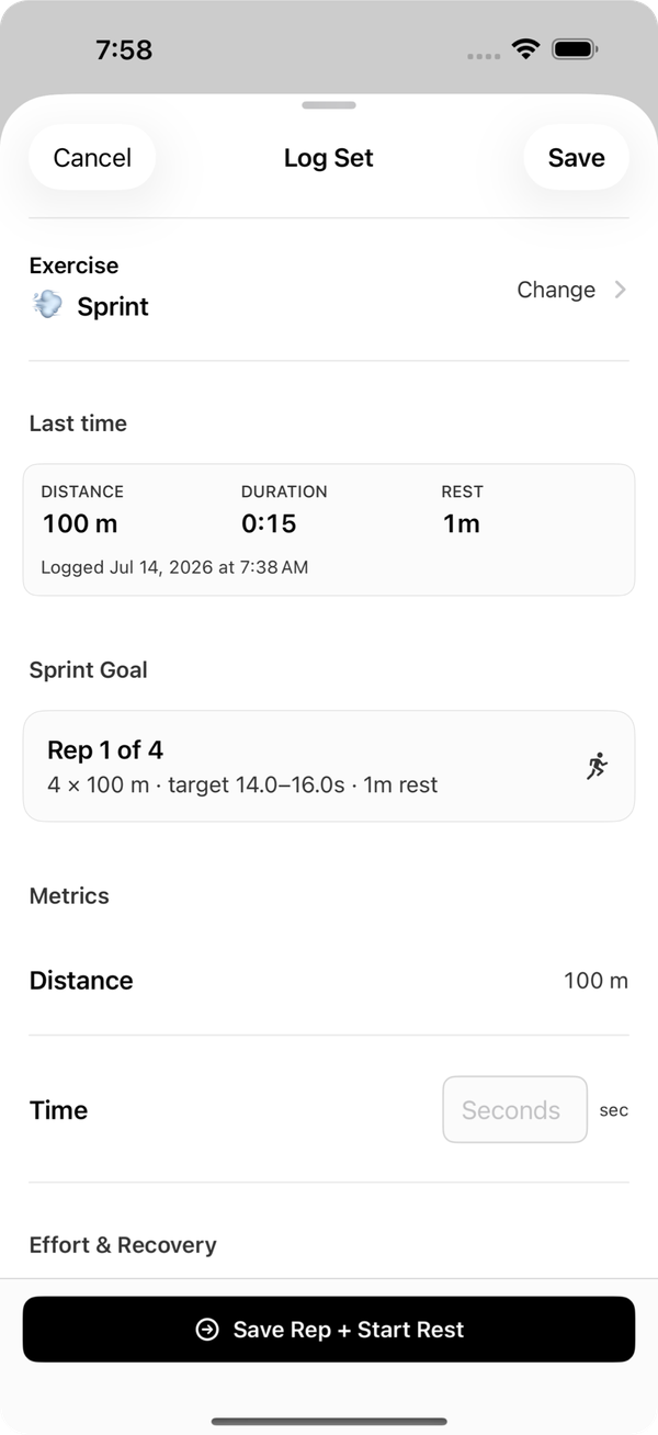 Sprint rep 1 of 4 with a 14.0 to 16.0 second target.